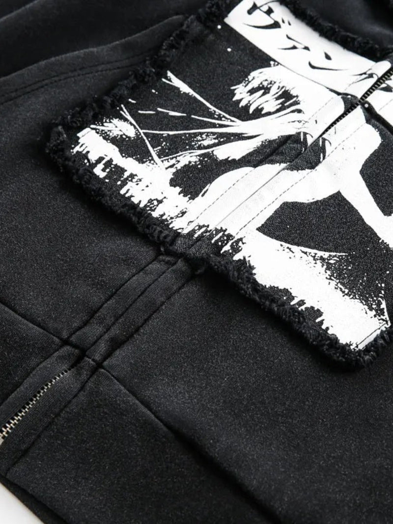 Japanese Style Patch Zipper Hoodie
