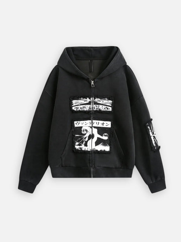 Japanese Style Patch Zipper Hoodie